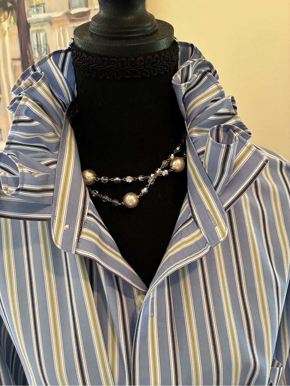 Jos. A. Bank Blue, White & Yellow Striped Button-Front Shirt ruffle collar - Picture 4 of 6